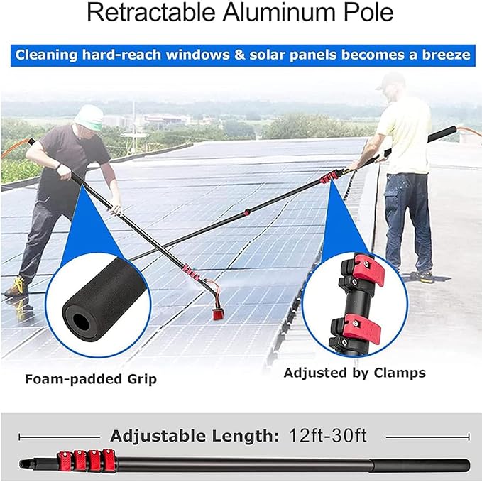 30FT/9M Water Fed Extendable Brush Roof & Window Cleaning Tool, Solar Panel & Car Cleaning Brush with Feather Bristles, White, Includes Gooseneck Attachment