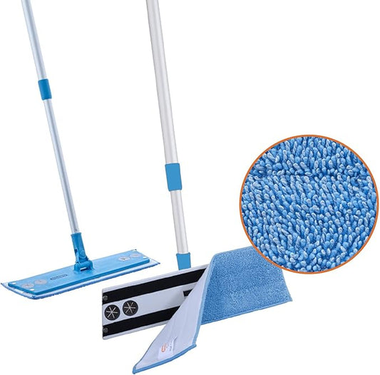Superio Miracle Mop Set 2 Pack, Microfiber Flat Mop Wet and Dust Mop for Vinyl Plank, Hardwood, Laminate, Tile Flooring, Wall, with Aluminum Telescopic Handle, and Microfiber Mop Pad, Blue