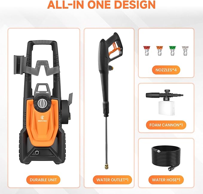 Giraffe Tools Electric Pressure Washer, 4 Quick-Connect Nozzles, Foam Cannon for Cars/Patios/Driveways/Fences, 2400 Max PSI 2.3 GPM 30FT