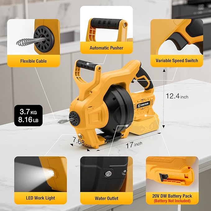 Cordless Drain Auger Compatible with Dewalt 20V Battery, Auto-Feed Plumbing Drain Snake with 23.62FT Replaceable Cable, Drain Clog Cleaner Tool for Sink, Toilet, Bathtub, Sewer (Battery Not Included)