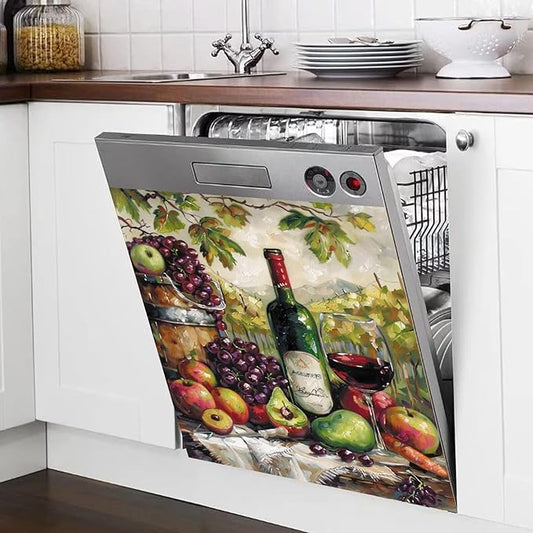 Generic Wine Decor Dishwasher Magnet Cover Kitchen Decor,Wine Bottle Country Grape Apples Fruits Painting Home Appliance Bar Decor Fridge Sticker,Refrigerator Magnetic Panel Decal 23x26