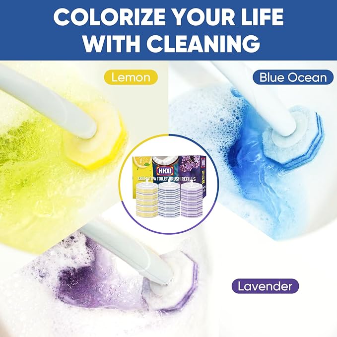 15Ct Aromative Toilet Brush Refills, Toilet Bowl Cleaner Refills, Double-Layer Cleaning Pads Added, Disposable Refill Heads for Toilet Bowl Cleaner Wands???Lemon, Blue Ocean, Lavender ???Patented???