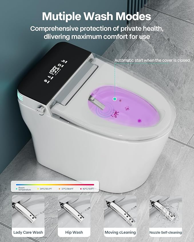 Smart Toilet with Bidet Built In, ADA Comfort Height, One Piece Elongated Toilet with Tank Built in,Pump, Auto Open Close Quiet Flush, Foam Shield, Voice Control Heated Seat, Instant Warm Water