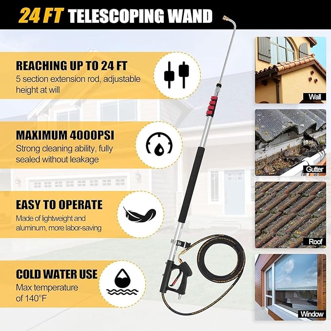 24FT Telescoping Power Washer Extension Wand, Gutter Cleaning Tools with Brush Head, 4 Adapters, 7 Spray Nozzles, Upgraded Support Belt, Pressure Washer Wand Extension for Wall Roof Gutter