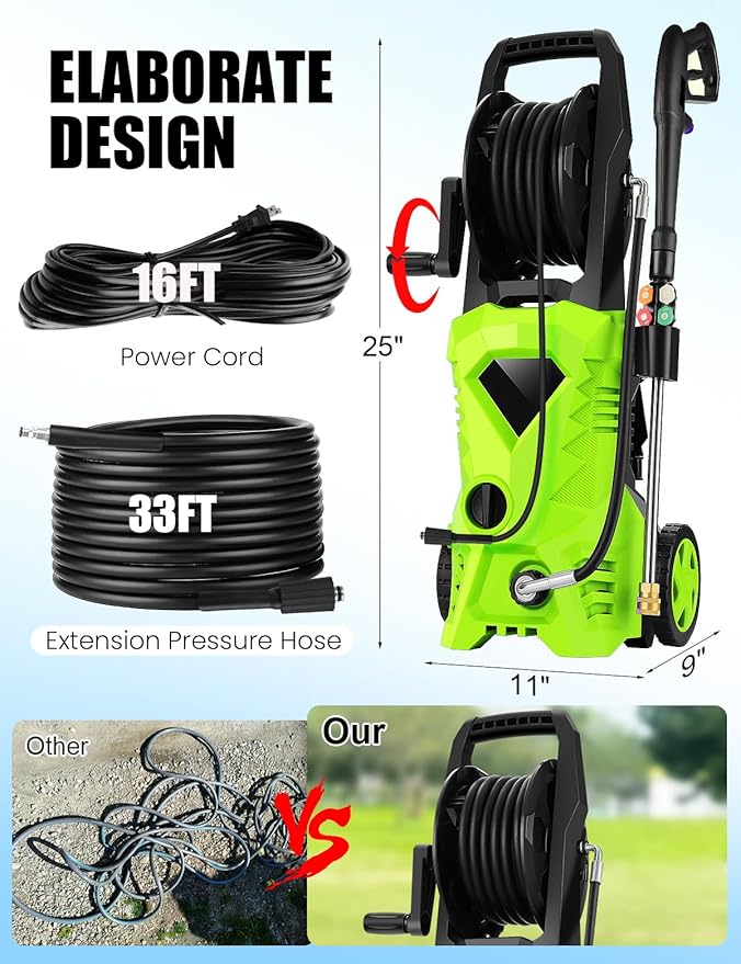 commowner𝐏𝐨𝐰𝐞𝐫 𝐖𝐚𝐬𝐡𝐞𝐫 𝟓𝟎𝟎𝟎𝐏𝐒𝐈 Portable with 33FT Pipe, 4 Nozzle Set for Home/Cars/Fences/Windows, Green