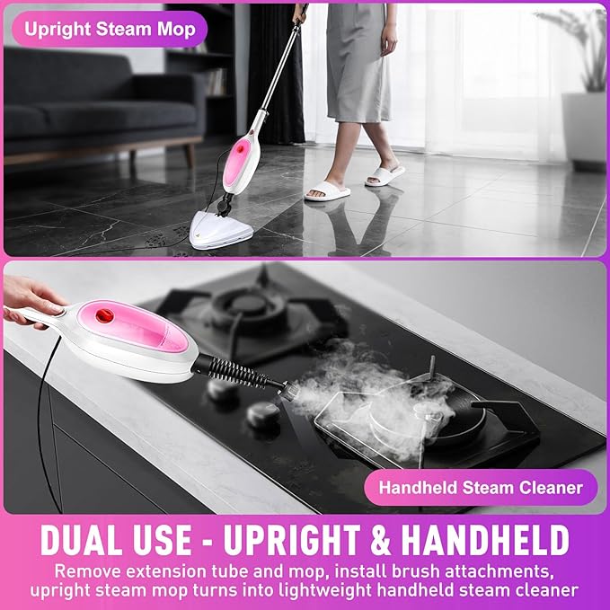 Steam Mop & Detachable Handheld Steamer 2-in-1 Design, 20s Fast Heat-Up, 16FT Power Cord, 10-in-1 Multi-Purpose Steam Cleaner for Hardwood Floors/Carpet/Tile/Grout/Window/Stove for Deep Home Cleaning