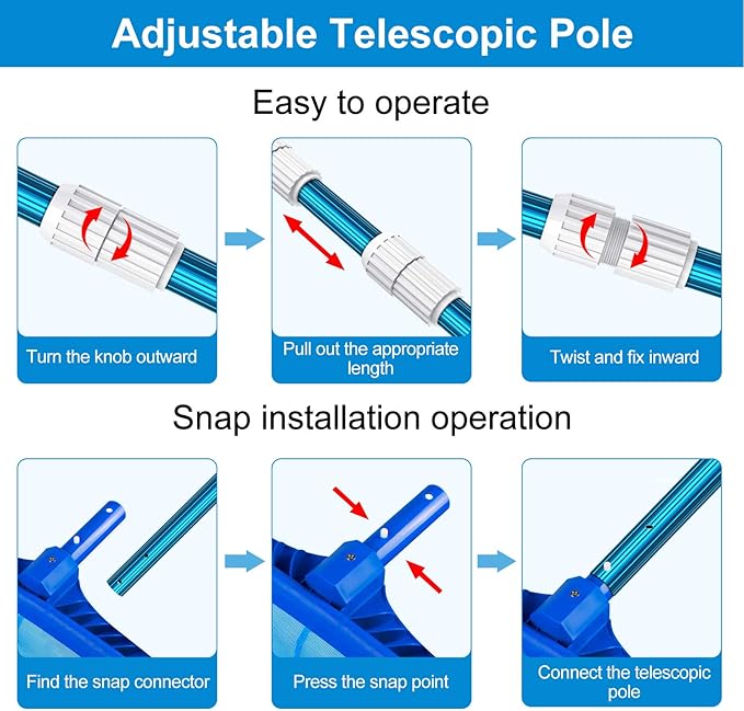 CKE Upgraded 15 Feet Thicken 1.3mm Blue Aluminum Telescoping Swimming Pool Pole,Adjustable 3 Piece Expandable Step-Up,Attach Connect Skimmer Nets,Rakes,Brushes,Vacuum Heads with Hoses, Universal 1.25"