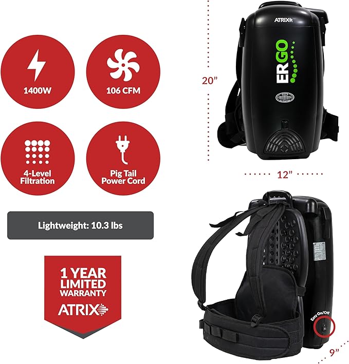 Atrix Ergo Backpack Canister Vacuum, Portable Cleaner with Attachments for Professional and Residential Use, VACBP1-PK Pro Bundle