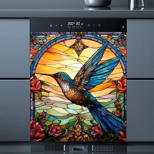 Hummingbird Dishwasher Covers for The Front, Stained Glass Window Refrigerator Door Cover Decals, Colorful Flower Vinyl Decal for Dishwasher, (23" x 26" Ordinary)