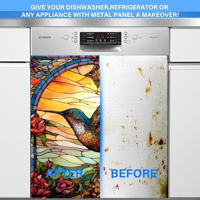 Hummingbird Dishwasher Covers for The Front, Stained Glass Window Refrigerator Door Cover Decals, Colorful Flower Vinyl Decal for Dishwasher, (23" x 26" Ordinary)