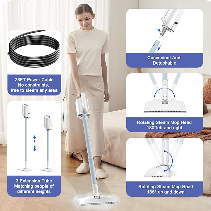 Steam Cleaner, 6 in1 Rotated Steam Mop Cleaner with 2 Modes, 2 Microfiber Pads, 400ML Removable Tank, 23FT Power Cable, Detachable Steam Mops for Floor, Laminate Floor, Tiles Cleaning (Sapphire Blue)