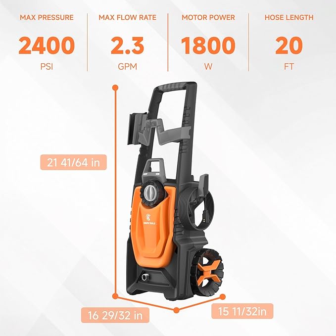 Giraffe Tools Electric Pressure Washer, 4 Quick-Connect Nozzles, Foam Cannon for Cars/Patios/Driveways/Fences, 2400 Max PSI 2.3 GPM 30FT