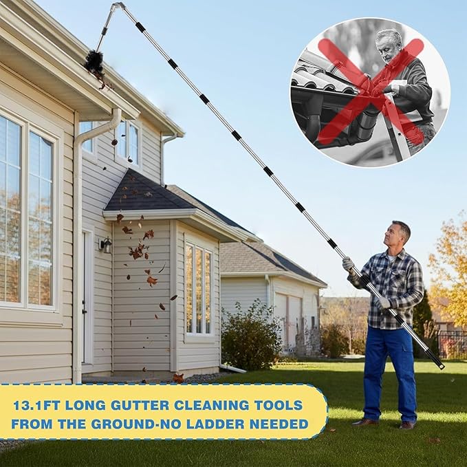 Gutter Cleaning Tools from The Ground, 13.1FT Adjustable Gutter Cleaner Pole with 180° Pivoting Head & Replaceable Brush, 10-Section Leaf Cleaning Tool - No Ladder Needed