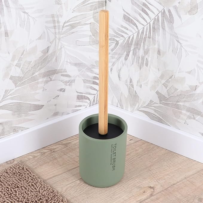 Chic Matte Green Toilet Brush Holder Set with Natural Bamboo Handle - Polyresin Bathroom Cleaning Accessory (Green, Toilet Bowl Brush Only)