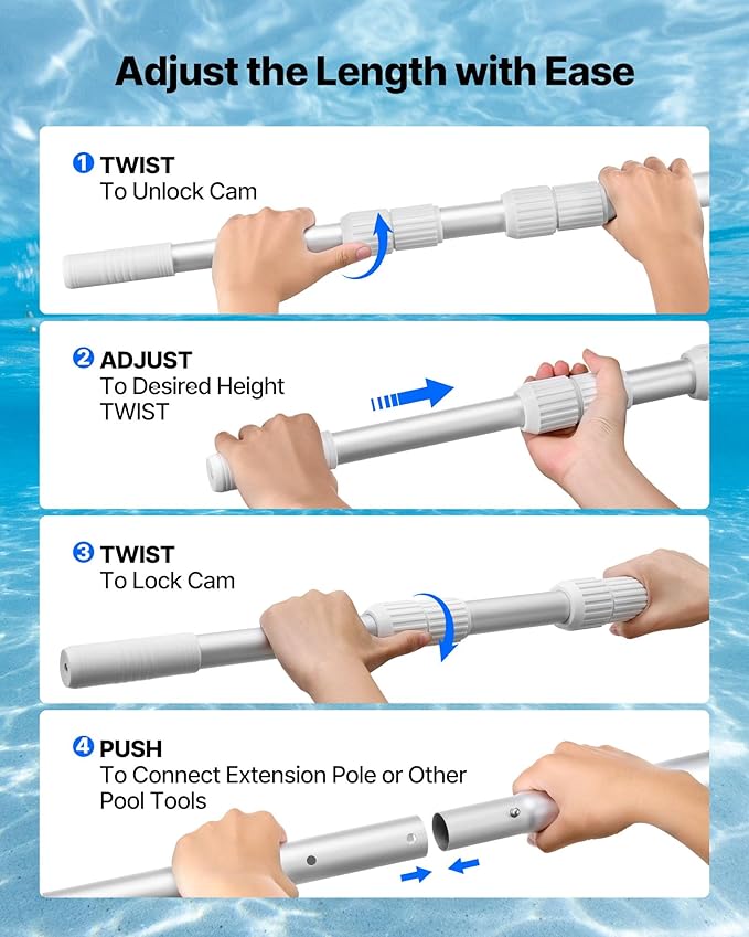 VEVOR Pool Pole, 3.4 to 15 Ft Telescoping Swimming Pool Cleaning Poles, Professional Adjustable Telescopic Pole with 2 Extension Poles, Heavy Duty Cleaner Stick for Skimmer Net, Brush, Vacuum Head