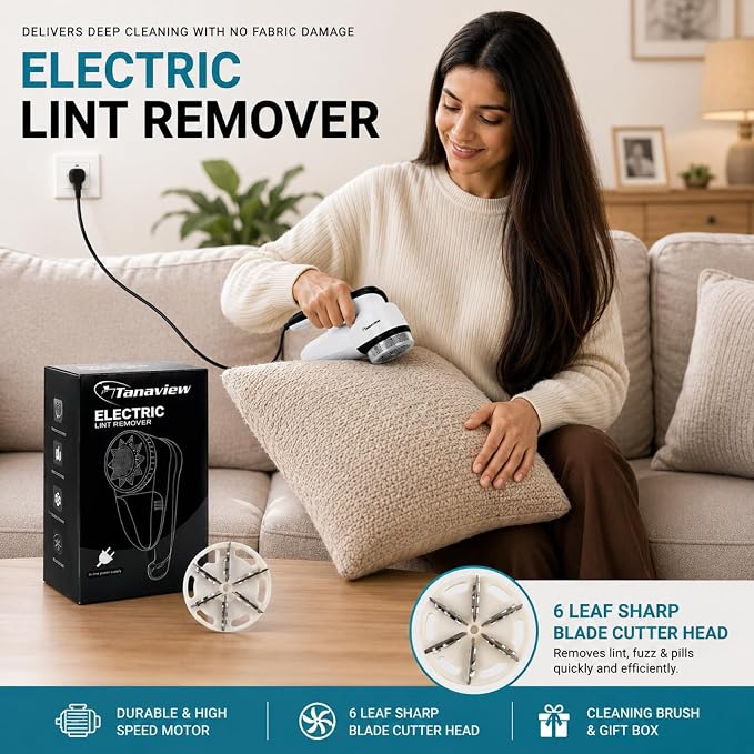 Power Corded Electric Fabric Shaver | No Battery, Pilling & Fuzz Remover for Clothes, Furniture, Couch, Sweaters, 6 Leaf Blades, Portable Defuzzer, Depiller - Image 2