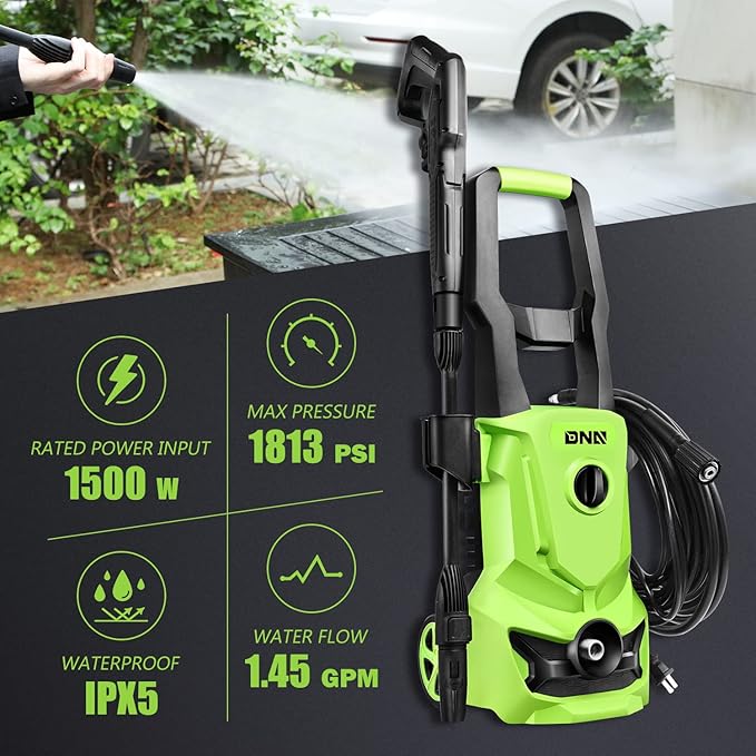 DNA Motoring TOOLS-00228 Up to 1813 PSI 1.45 GPM IPX5 1500W Electric Pressure Washer Car Wash Machine with Adjustable Nozzle Spray Soap Bottle, for Yard Car Driveway Patio Deck Cleaning (Green)