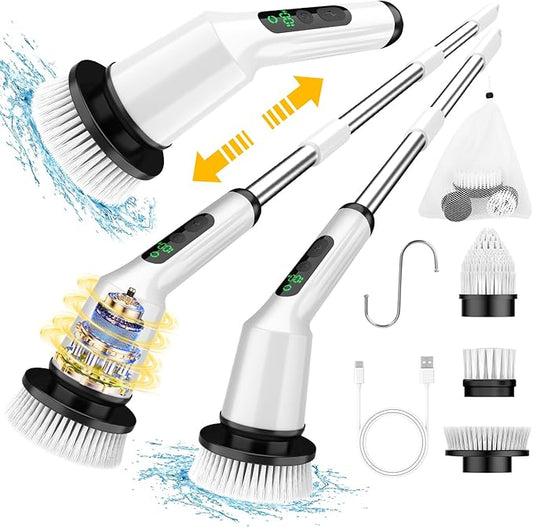 Shower Scrubber with Long Handle for Cleaning Bathroom, Electric Spin Scrubber Cleaning Brush with IPX7 Waterproof & 2Speed, 3Brush Heads, Bathroom Cleaning Supplies for Shower Tub Kitchen Tile Toilet