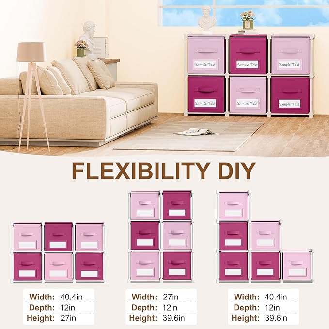 Geelin 6 Sets Cube Storage Organizer Bins with Shelf & Labels 11 Inch, Fabric Collapsible Cubby Toys Clothes Storage Drawer Unit for Daycare Nursery Playroom Bedroom Dorm Organizer (Pink Mix)