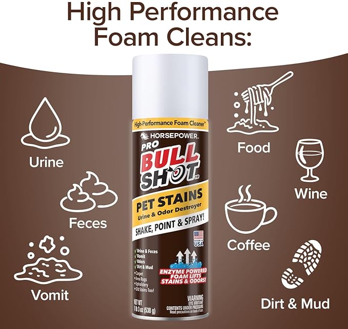 Bull Shot Pet Pro Stain Remover, AS SEEN ON TV, Urine & Odor Emulsifier, Enzyme-Powered Professional Strength Foam for Urine, Feces, Vomit, Odors, Dirt On Carpet, Area Rugs, Upholstery, Old Stains