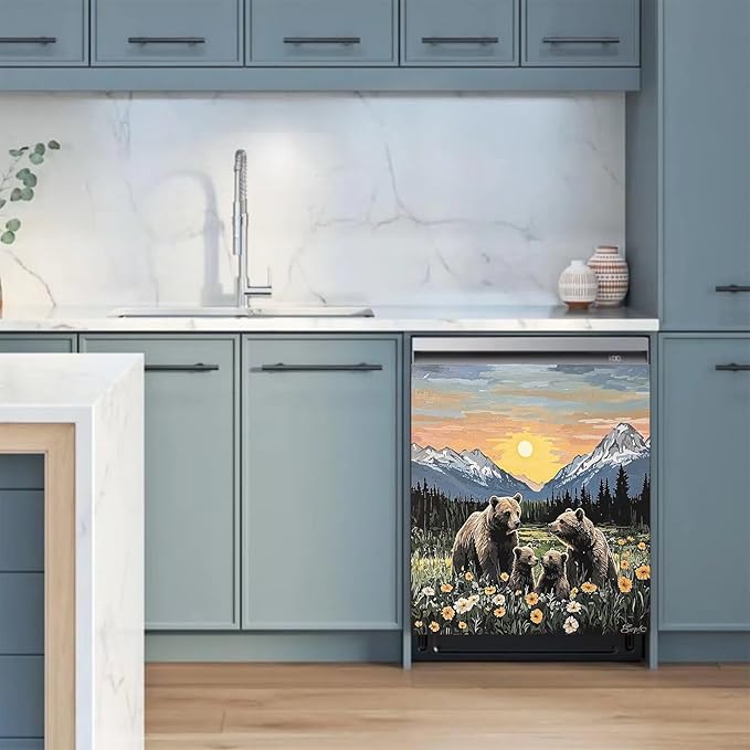 Dishwasher Magnet Cover Panel Sunset Garden Bears Refrigerator Magnetic Stickers Oil Painting Style Brown Bear Magnetic Dishwasher Decals for Home Kitchen Decor 23" x 26"(Magnetic)