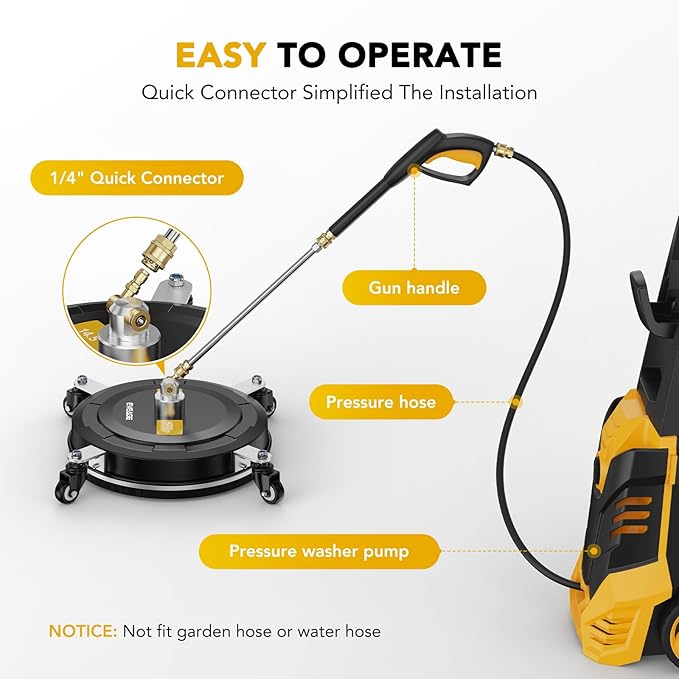 EVEAGE 14.5" Pressure Washer Surface Cleaner,Stainless Steel Pressure Washer Accessories 4 Weels & 1/4" Quick Connector,4000 PSI Power Washer for Driveway (Black, 14.5inch)
