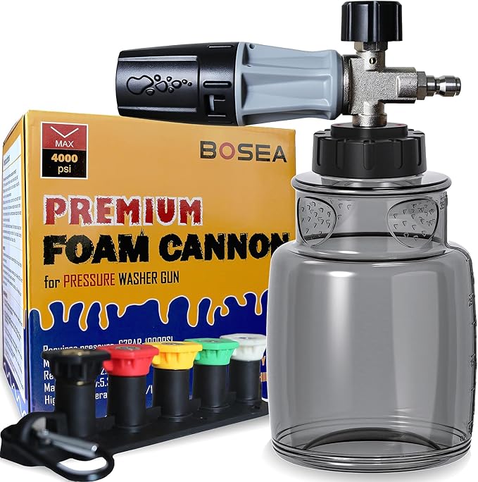 BOSEA Premium Foam Cannon with Pressure Washer Tips and Nozzle Holder, Nickel-Plated Copper, Durable | Dense Foam, Car Soap Dispenser for Pressure Washer, Car Wash Soap Sprayer with 1/4" Connector