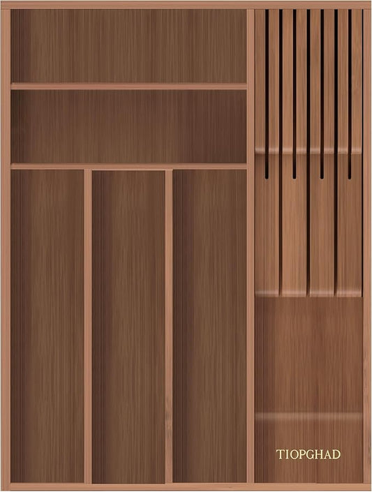 Small-Bamboo-Silverware-Drawer-Organizer, Expandable Utensil Kitchen Cutlery Tray Flatware Organization Wood Tableware Dividers Storage (with Removable Knife Block)(Brown)