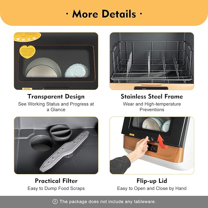 Countertop Dishwasher, 110V 800W Portable Compact Tabletop Dishwasher with 3 Washing Programs, Automatic Dish washer with Water Pipe, Cleaning Machine for Household Kitchen Apartment Boat (Gold)