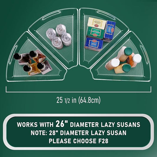 Lazy Susan Cabinet Organizer Bins for 26"/ 28"/ 32" Diameter Corner Organizer, Plastic Cabinet Storage Bin, 1/8 Wedge - Food Safe, BPA Free, with Non-Slip Pads (for 26" Diameter, 4 Pack)