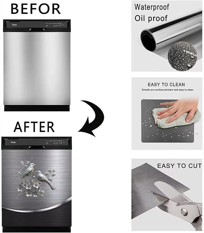 Grey Metal Silver Pattern,Dishwasher Cover Sheet, Magnetic Bird Flower Polishing Steelbird Dishwasher Skin Decor, Silver Texture, 23X17 INCH Magnet Rerigerator Wrap, Kitchen Panel Full Decal