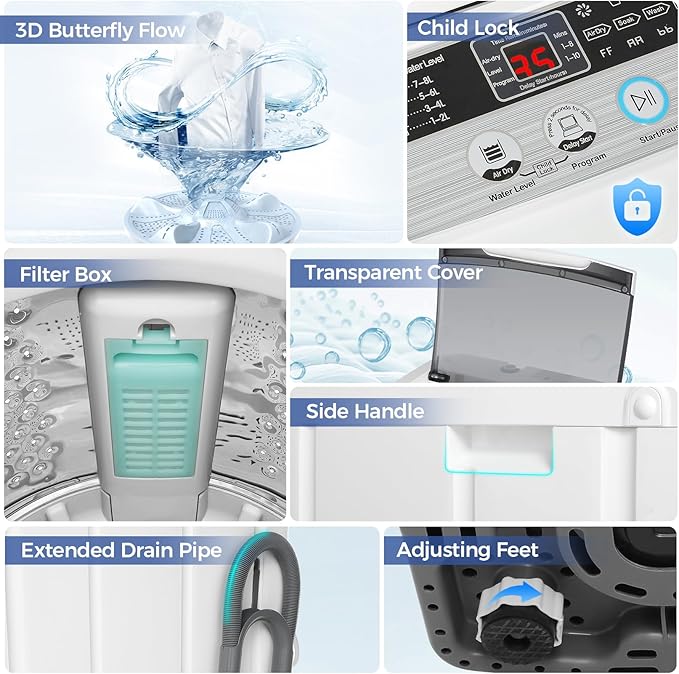 Nictemaw Portable Washing Machine, 20Lbs Capacity Full-Automatic Portable Washer Machine, 2.8Cu.ft Washer and Dryer Combo with 10 Programs 8 Water Levels Laundry Machine for Apartment, Dorms, RV