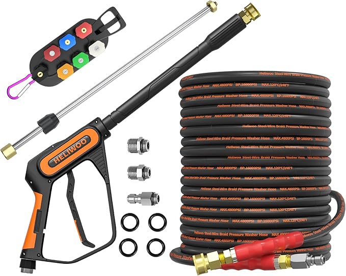 5000PSI Pressure Washer Gun and Hose Kit, 100FT Kink Resistant Steel Braided Power Washer Hose with 3/8" Swivel Quick Connector and M22 14mm Adapters Replacement