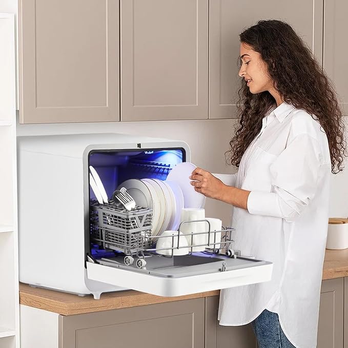 Dishwasher Countertop Compact Portable Dishwasher with 6 Washing Programs 5.3L Water Tank Hot Air-Dry Function 24H Delayed Start Function LED Light