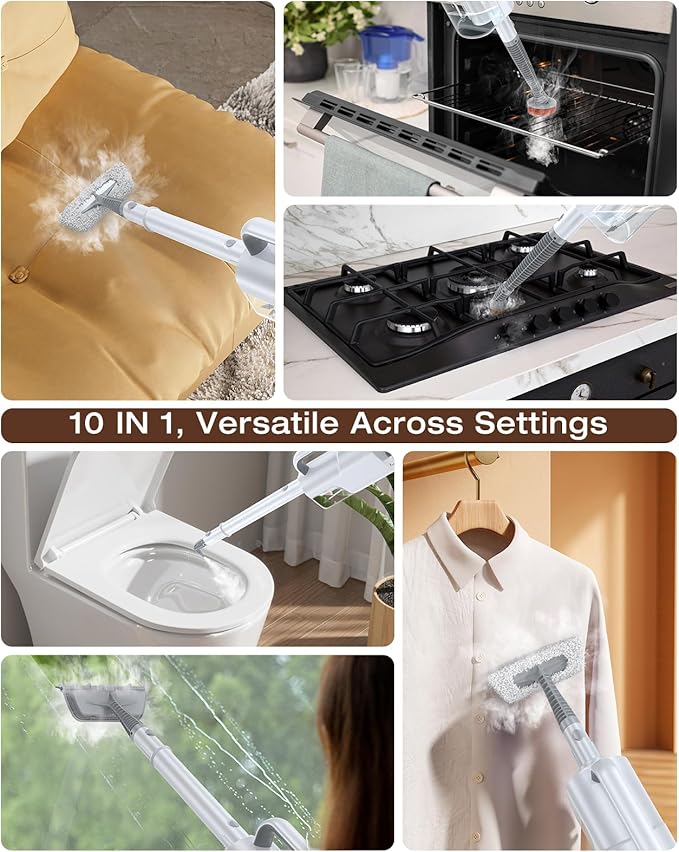 LABIGO 10-in-1 Steam Mop with Detachable Handheld Steamer, 350ml Tank, 10s Heat-Up, 248°F Steam Cleaner, 3-Level Control and Swivel Head for Floors, Carpets, Tiles, BBQ grill Multi-Surface Clean White