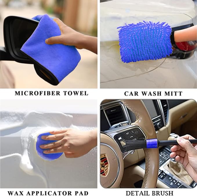 27-Piece Car Cleaning Kit, Professional Auto Detailing Tools with Microfiber Towels, Brush Set & Interior Cleaner Accessories for Car Wash, RV, Truck (Blue)