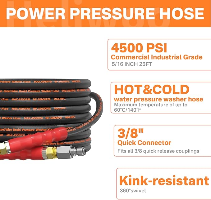 Pressure Washer Gun and Hose Kit, 25FT Kink Resistant 5/16 Power Washer Hose and Wand, 3/8" Swivel Quick Connector & M22-14mm Fitting, 4500 PSI