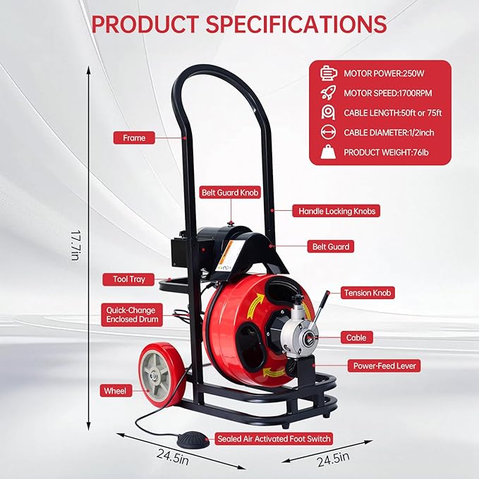 Drain Augers 75FT Sewer Snake with Auto-feed,SEVVETROOL Electric Drain Cleaner Machine 250W Motor Speed, CW/CCW Switch Control,Quick Replaceable Cutters,Perfect for 1"-4" Pipes(22.8M)