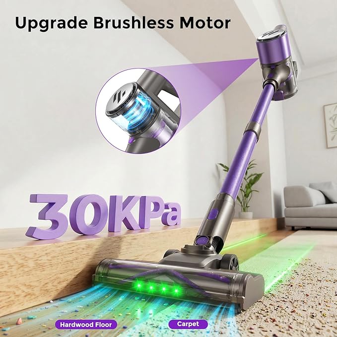 Cordless Vacuum Cleaner,Vacuum Cleaner for Home with Brushless Motor,Lightweight Stick Vacuum with Self-Standing and Touch Screen,Hardwood Floor Vacuum for Pet Hair,Carpets,Tile(Light Purple)