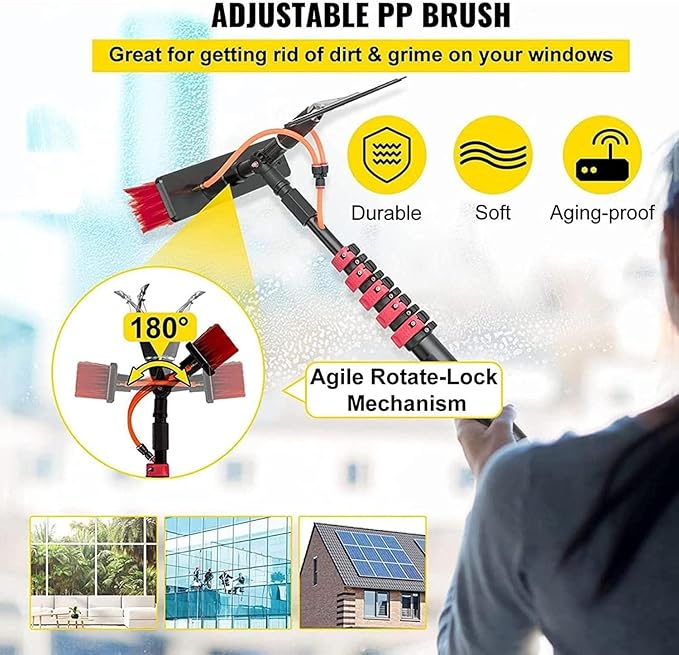 Window Telescopic Cleaning Brush with Extension Pole, Suitable for Cleaner Conservatory Roof Photovoltaic Panel Cleaning Extendable Solar Panel Roof Cleaning Tools,30cmBrush-9mRod