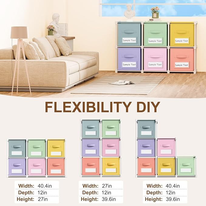 Geelin 6 Sets Cube Storage Organizer Bins with Shelf & Labels 11 Inch, Fabric Collapsible Cubby Toys Clothes Storage Drawer Unit for Daycare Nursery Playroom Bedroom Dorm Organizer (Pastel)