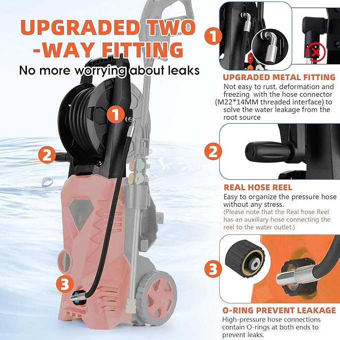 commowner𝐏𝐨𝐰𝐞𝐫 𝐖𝐚𝐬𝐡𝐞𝐫 𝟓𝟎𝟎𝟎𝐏𝐒𝐈 Portable with 33FT Pipe, 4 Nozzle Set for Home/Cars/Fences/Windows, Orange