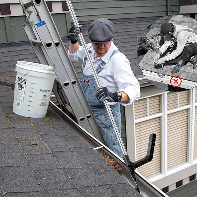 Gutter Cleaning Tools from Ground - 13FT Long Adjustable Gutter Cleaner with 2 Brushes Heads and Scoop, Rain Gutter Cleaning Tool for Easily Clear Roof Leaves and Debris