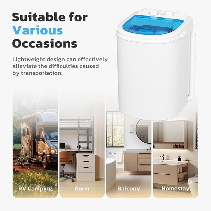 INTERGREAT Portable Washing Machine, 5.5 Lbs Compact Mini Portable Washer, 110V Single Tub Laundry Washer Machine for Apartments, Dorms, Traveling, RV, Blue