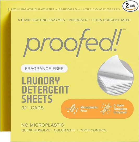 Proofed! Laundry Detergent Sheets, 64 Count, Fragrance-Free, The Only 100% Plastic-Free Sheet, No PVA or PVOH, Hypoallergenic, Bio-Based Ingredients, Made in USA, 2 Boxes