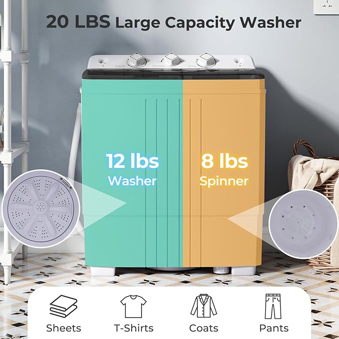 Giantex Washing Machine, 20Lbs Capacity, Washer and Spinner Combo, Portable Compact Twin Tub 12Lbs Washing and 8Lbs Spinning, Inlet and Drain Hose, Laundry Washer for Apartment RV Dorm