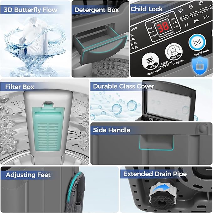 Nictemaw Portable Washing Machine, 20Lbs Capacity Full-Automatic Portable Washer, 2.8Cu.ft Washer and Dryer Combo with 10 Programs 8 Water Levels Laundry Machine for Apartments-Slow-Close Glass Cover
