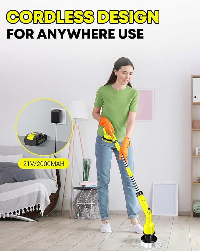 Electric Spin Scrubber with 3+ Hour Long Lasting Battery, 1000W/1200RPM High Power Cordless Clean Brush with 50IN Adjustable Long Handle, 4 Replacement Head for Bath/Tub/Tile/Floor, RyobiGreen