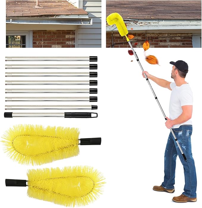 Gutter Cleaning Brush Extendable Guard Cleaner Tool with 8 Pcs Telescoping Handle Extension Pole 10ft, Gutter Cleaning Tools from The Ground for Easy Removing Leaves Debris Window Cleaner (Yellow)