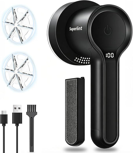 SuperLint 2-in-1 Rechargeable Fabric Shaver LED 3-Speed Lint Remover Black | Electrostatic Brush,2000mAh Battery,USB C Rechargeable,2-3H Long Runtime,auto-stop safety,6-Leaf Blade,2 replacement blades by Home